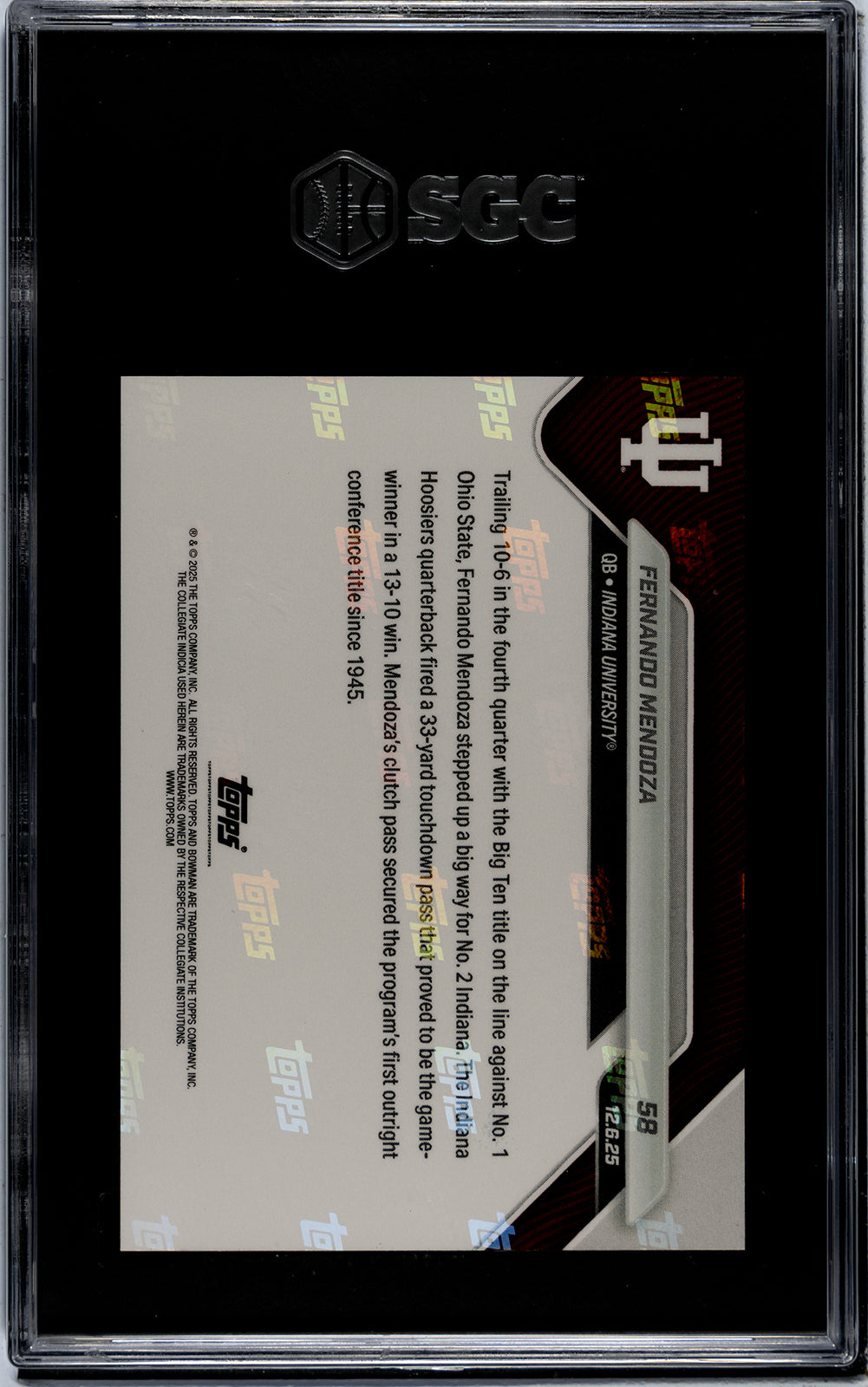 Graded 2025 Topps Bowman U Now Fernando Mendoza #58 Rookie RC Football Card SGC 10 Gem Mint