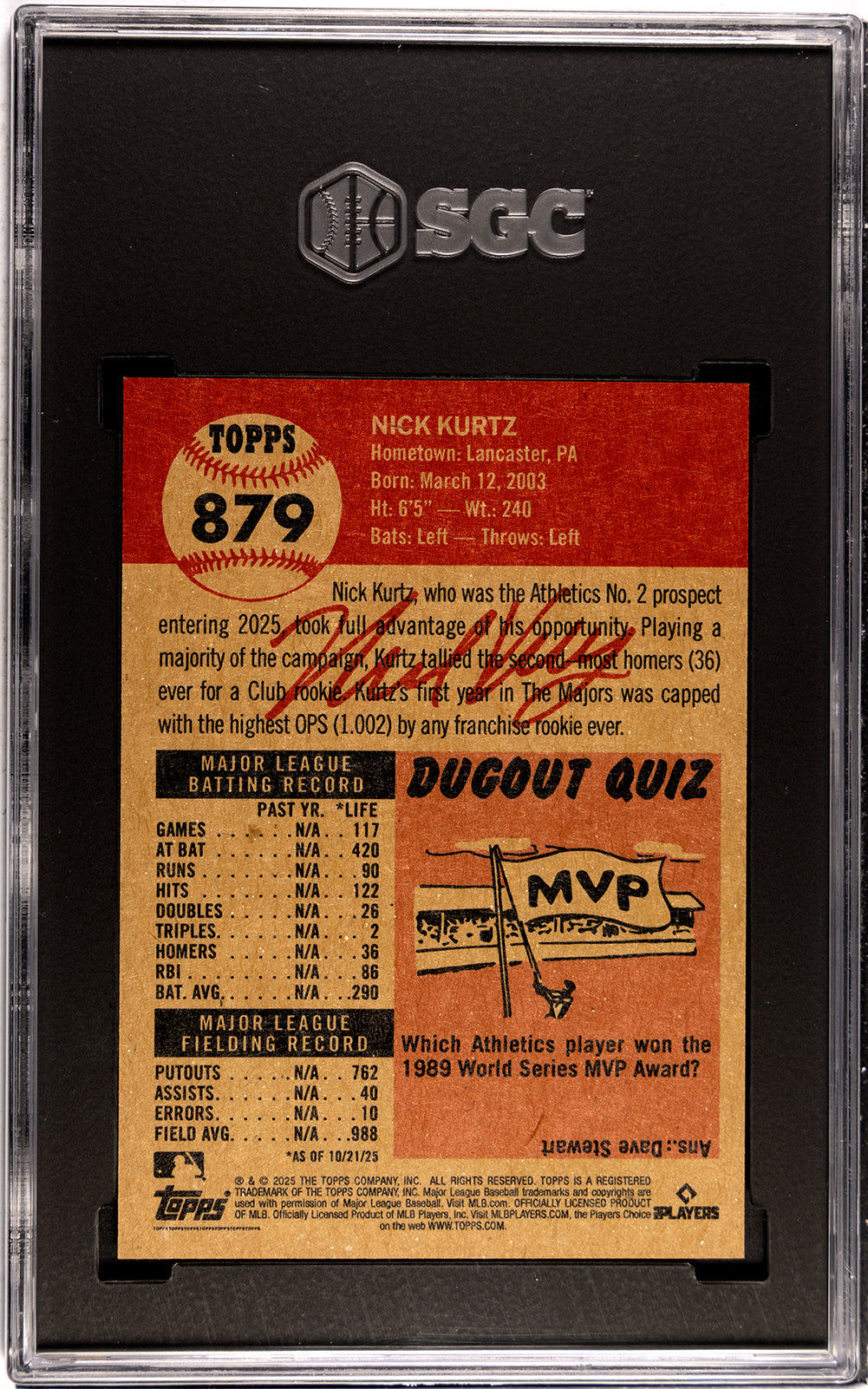 Graded 2025 Topps Living Nick Kurtz #879 Rookie RC Baseball Card SGC 9.5 Mint+