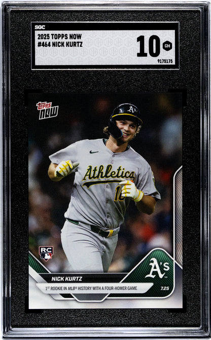 Graded 2025 Topps Now Nick Kurtz #464 1st Rookie in MLB History With a Four Homer Game Rookie RC Baseball Card SGC 10 Gem Mint