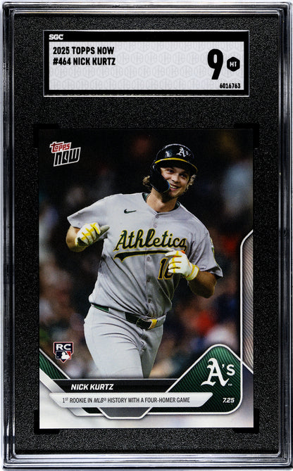 Graded 2025 Topps Now Nick Kurtz #464 1st Rookie in MLB History With a Four Homer Game Rookie RC Baseball Card SGC 9 Mint