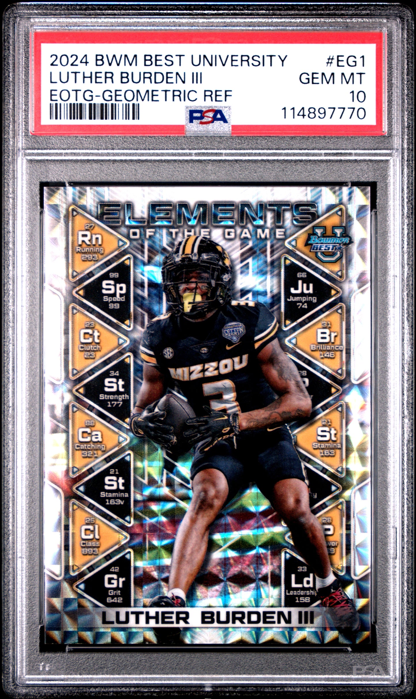 Graded 2024 Topps Bowman Best University Luther Burden III #EG1 Elements of the Game Geometric Refractor Rookie RC Football Card PSA 10 Gem Mint