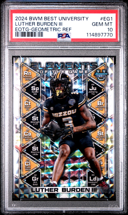 Graded 2024 Topps Bowman Best University Luther Burden III #EG1 Elements of the Game Geometric Refractor Rookie RC Football Card PSA 10 Gem Mint