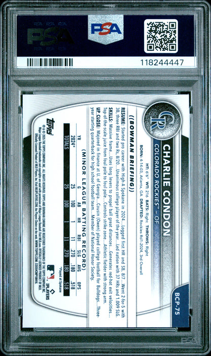 Graded 2025 Topps Bowman Charlie Condon #BCP75 Chrome Prospects Rookie RC Baseball Card PSA 10 Gem Mint