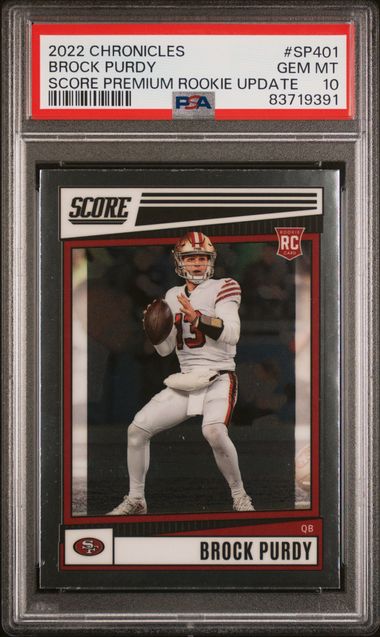 Graded 2022 Panini Chronicles Brock Purdy #SP401 Score Premium Rookie Update RC Football Card PSA 10 Gem Mint