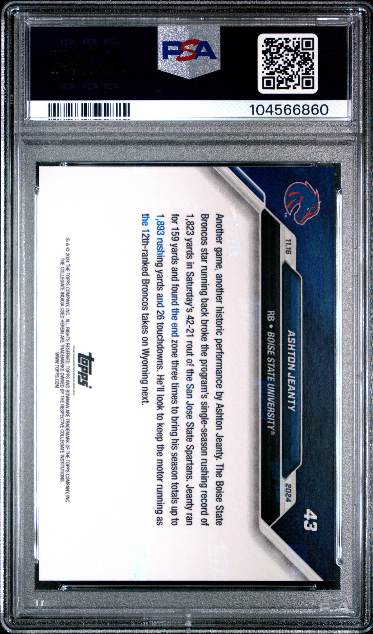 Graded 2024 Topps Bowman U Now Ashton Jeanty #43 Rookie RC Football Card PSA 10 Gem Mint
