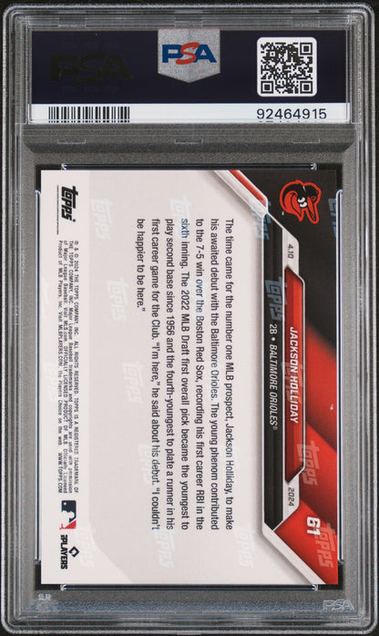 Graded 2024 Topps Now Jackson Holliday #61 Number 1 Prospect Makes MLB Debut, Collects 1st RBI Rookie RC Baseball Card PSA 10 Gem Mint