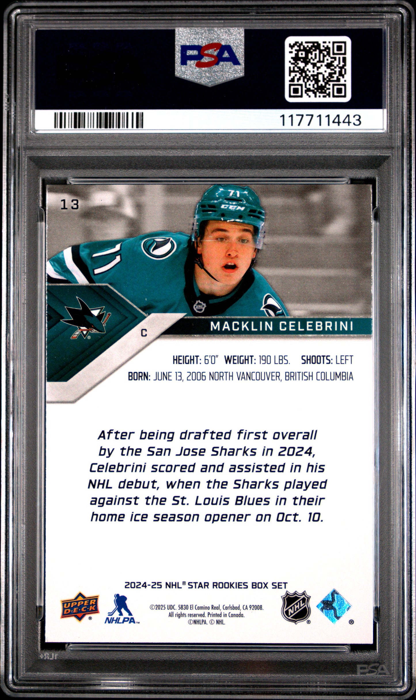 Graded 2024 Upper Deck Star Rookie Macklin Celebrini #13 Box Set Rookie RC Hockey Card PSA 8 Near Mint