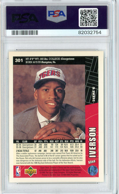 Graded 1996 Upper Deck UD Collector's Choice Allen Iverson #301 Rookie RC Basketball Card PSA 8 Auto Grade Near Mint