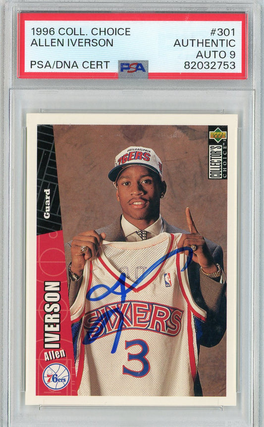 Graded 1996 Upper Deck UD Collector's Choice Allen Iverson #301 Rookie RC Basketball Card PSA 9 Auto Grade Mint