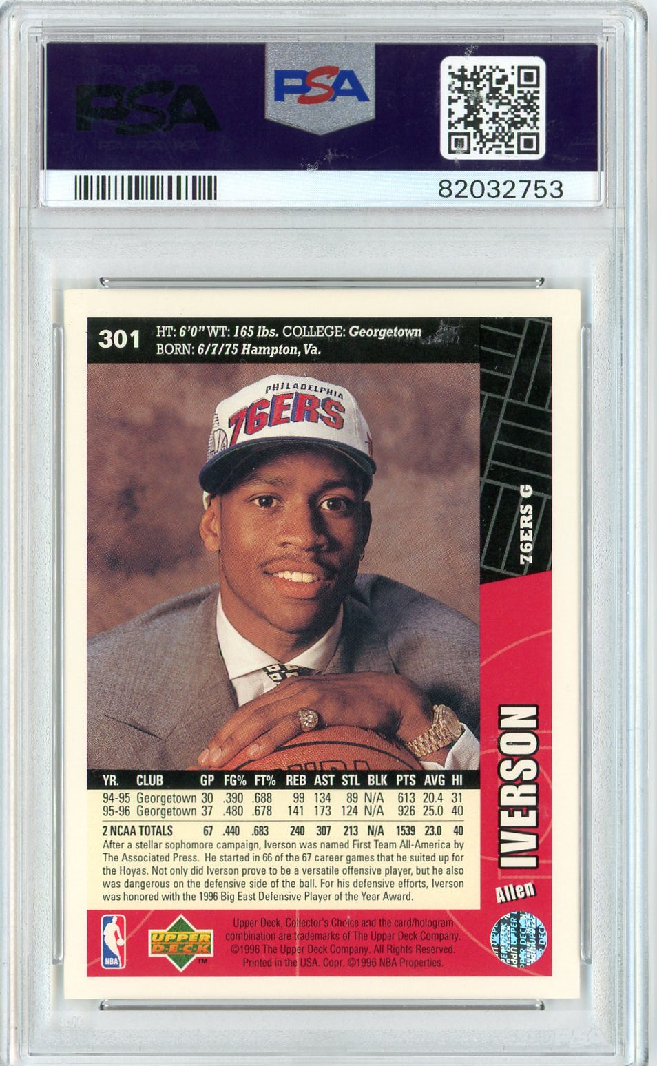 Graded 1996 Upper Deck UD Collector's Choice Allen Iverson #301 Rookie RC Basketball Card PSA 9 Auto Grade Mint