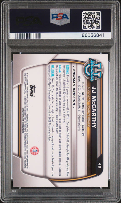 Graded 2022 Topps Bowman University JJ McCarthy #48 Chrome Prospects Rookie RC Football Card PSA 10 Gem Mint