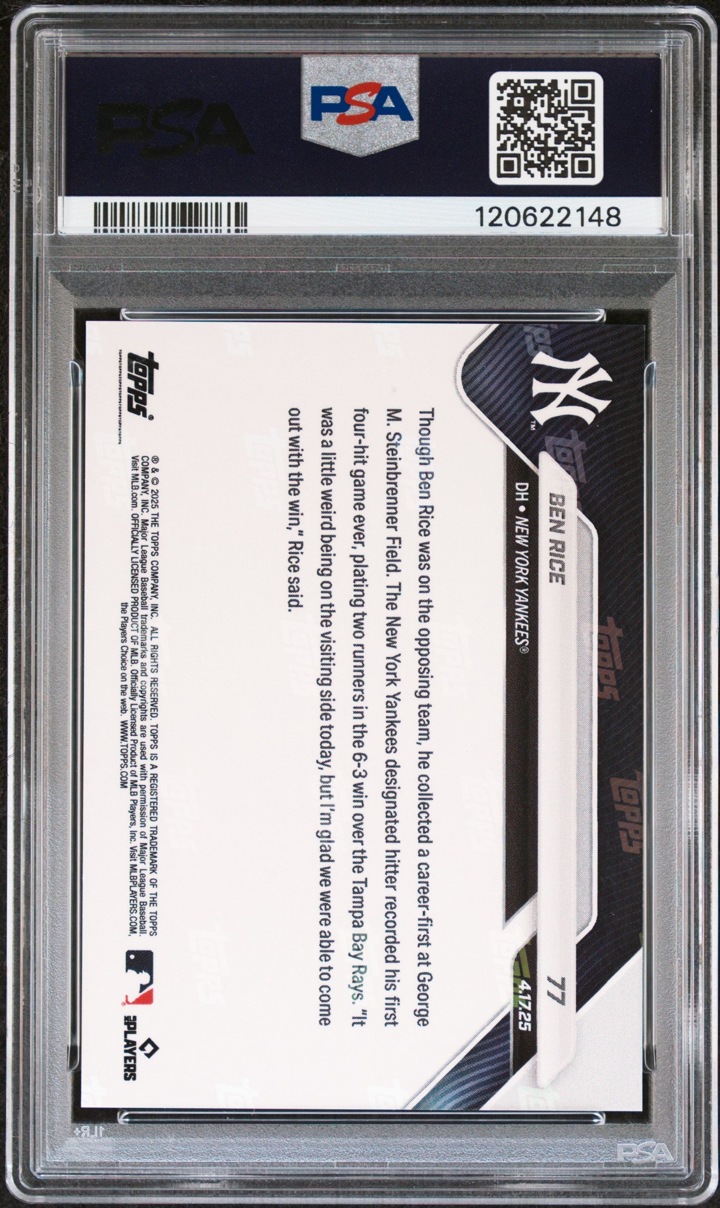 Graded 2025 Topps Now Ben Rice #77 Orange Foil /25 Rookie RC Baseball Card PSA 8 Near Mint