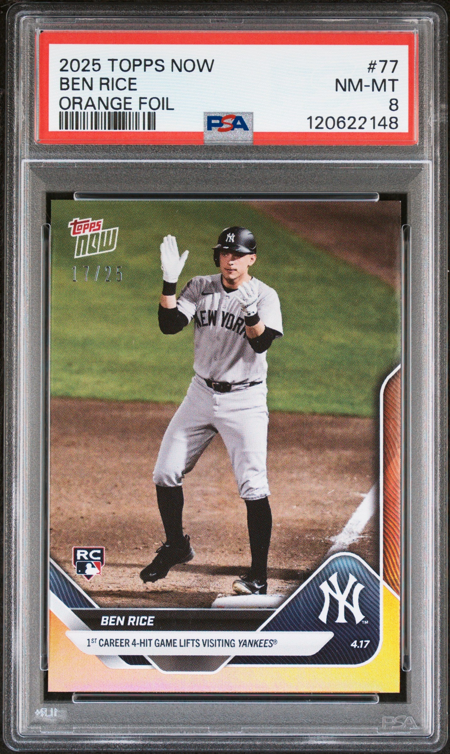 Graded 2025 Topps Now Ben Rice #77 Orange Foil /25 Rookie RC Baseball Card PSA 8 Near Mint