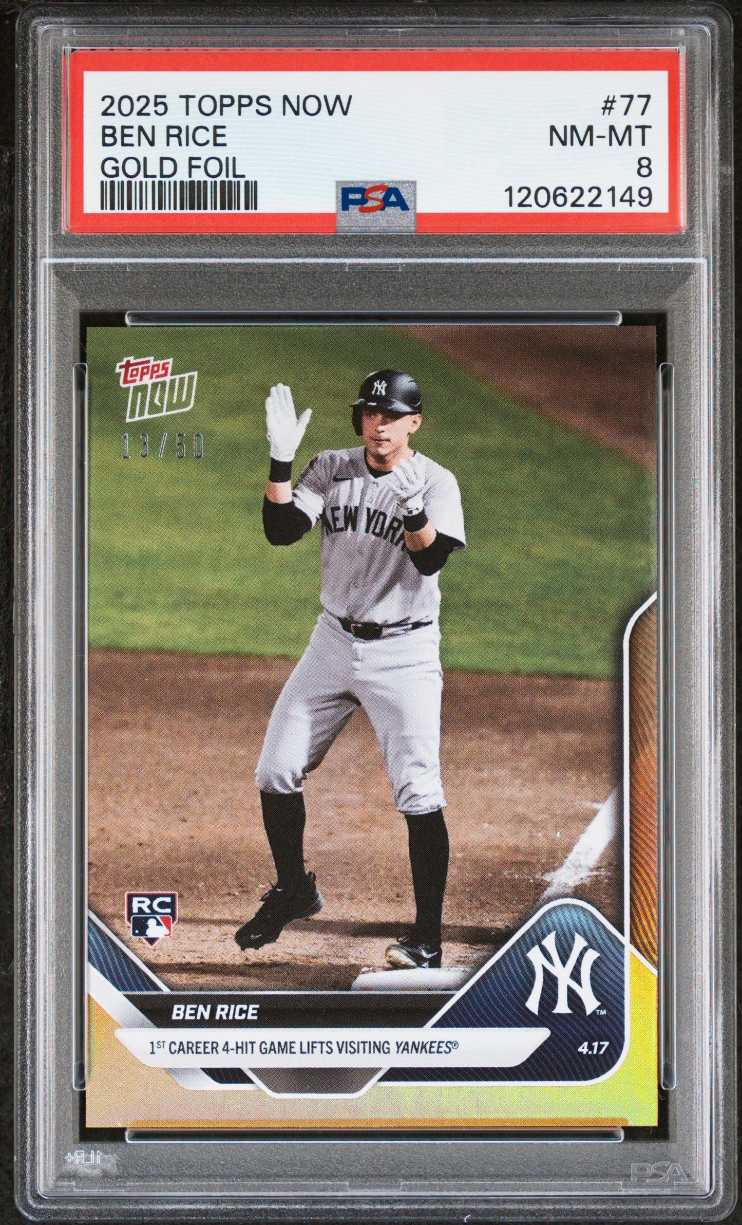Graded 2025 Topps Now Ben Rice #77 Gold Foil /50 Rookie RC Baseball Card PSA 8 Near Mint