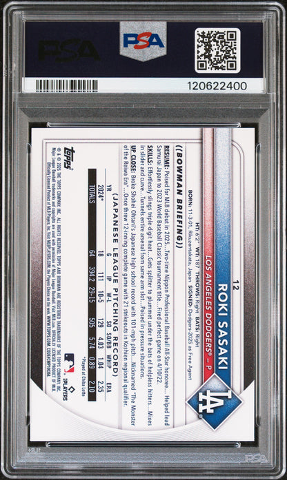Graded 2025 Topps Bowman Roki Sasaki #12 Rookie RC Baseball Card PSA 10 Gem Mint