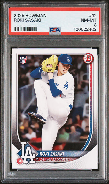 Graded 2025 Topps Bowman Roki Sasaki #12 Rookie RC Baseball Card PSA 8 Near Mint