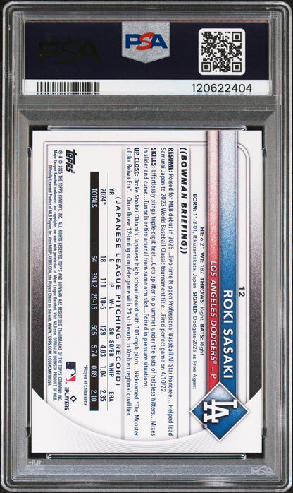 Graded 2025 Topps Bowman Roki Sasaki #12 Rookie RC Baseball Card PSA 9 Mint