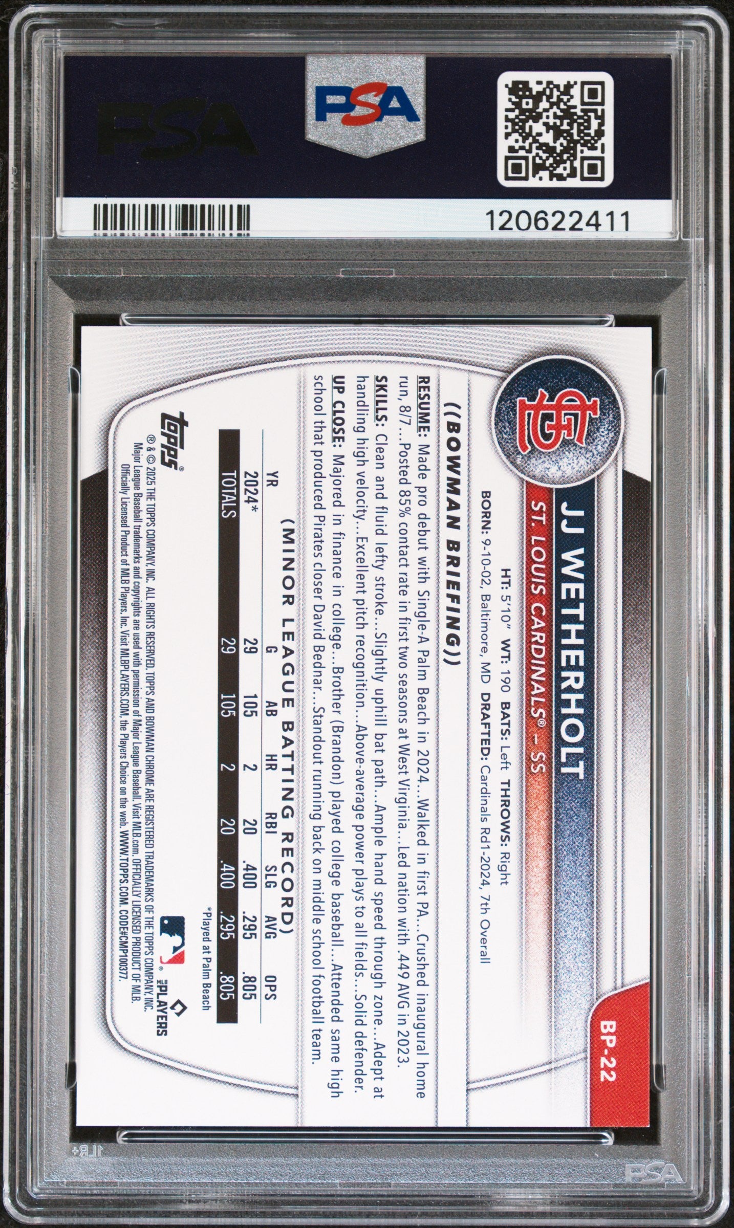 Graded 2025 Topps Bowman JJ Wetherholt #BP22 Paper Prospects Rookie RC Baseball Card PSA 6 Excellent