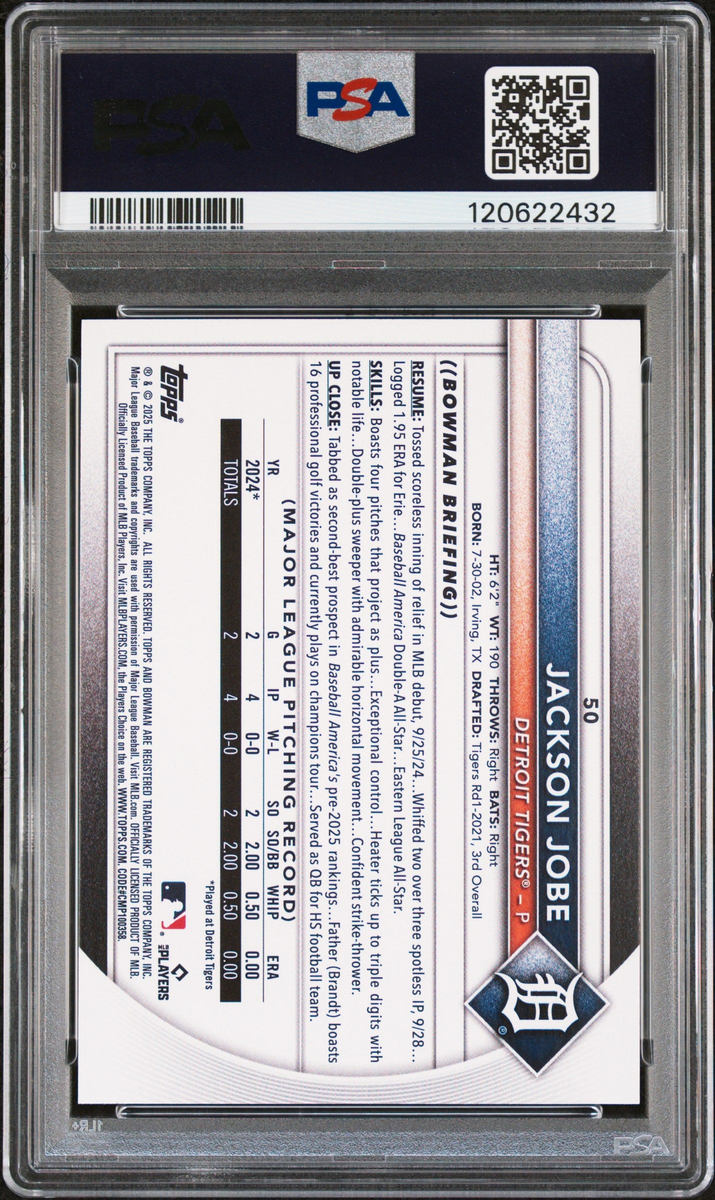 Graded 2025 Topps Bowman Jackson Jobe #50 Rookie RC Baseball Card PSA 10 Gem Mint