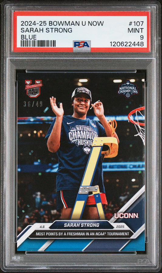 Graded 2024 Topps Bowman U Now Sarah Strong #107 Blue /49 Rookie RC Basketball Card PSA 9 Mint