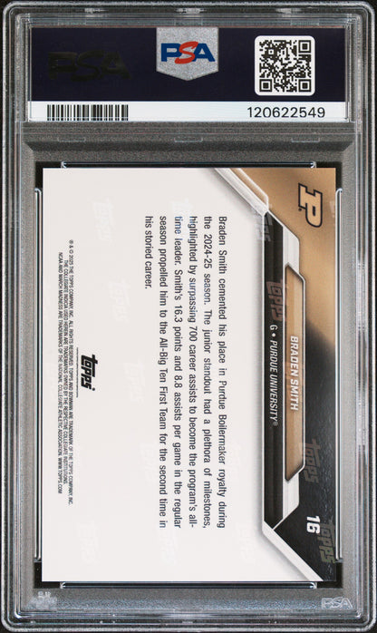 Graded 2025 Topps Bowman U Now Braden Smith #16 March Madness Black Rookie RC Basketball Card PSA 9 Mint