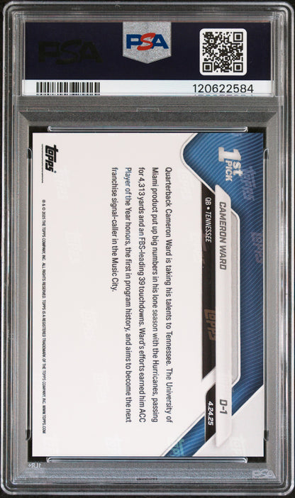 Graded 2025 Topps Now Cam Ward #D1 Black Foil /10 Rookie RC Football Card PSA 9 Mint