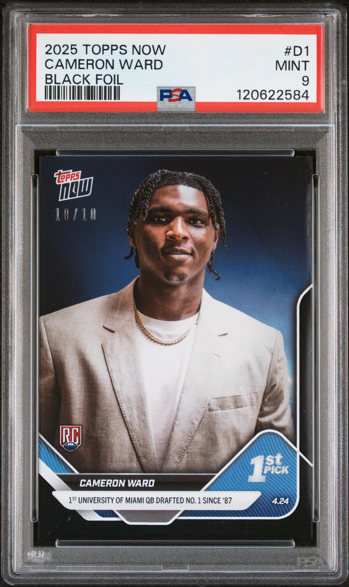 Graded 2025 Topps Now Cam Ward #D1 Black Foil /10 Rookie RC Football Card PSA 9 Mint