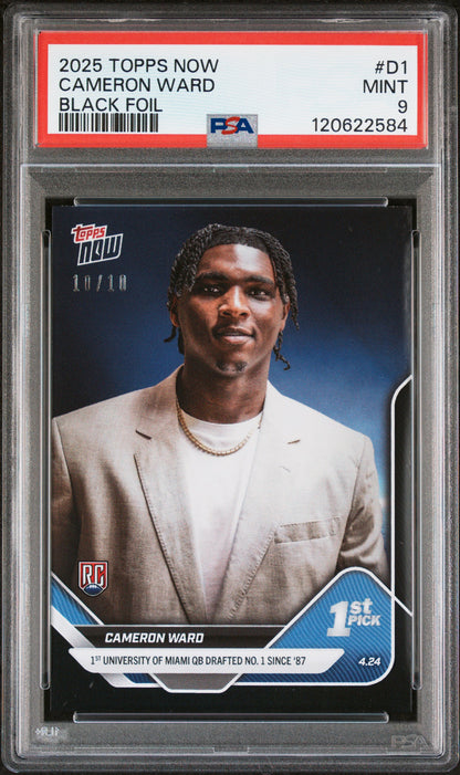 Graded 2025 Topps Now Cam Ward #D1 Black Foil /10 Rookie RC Football Card PSA 9 Mint