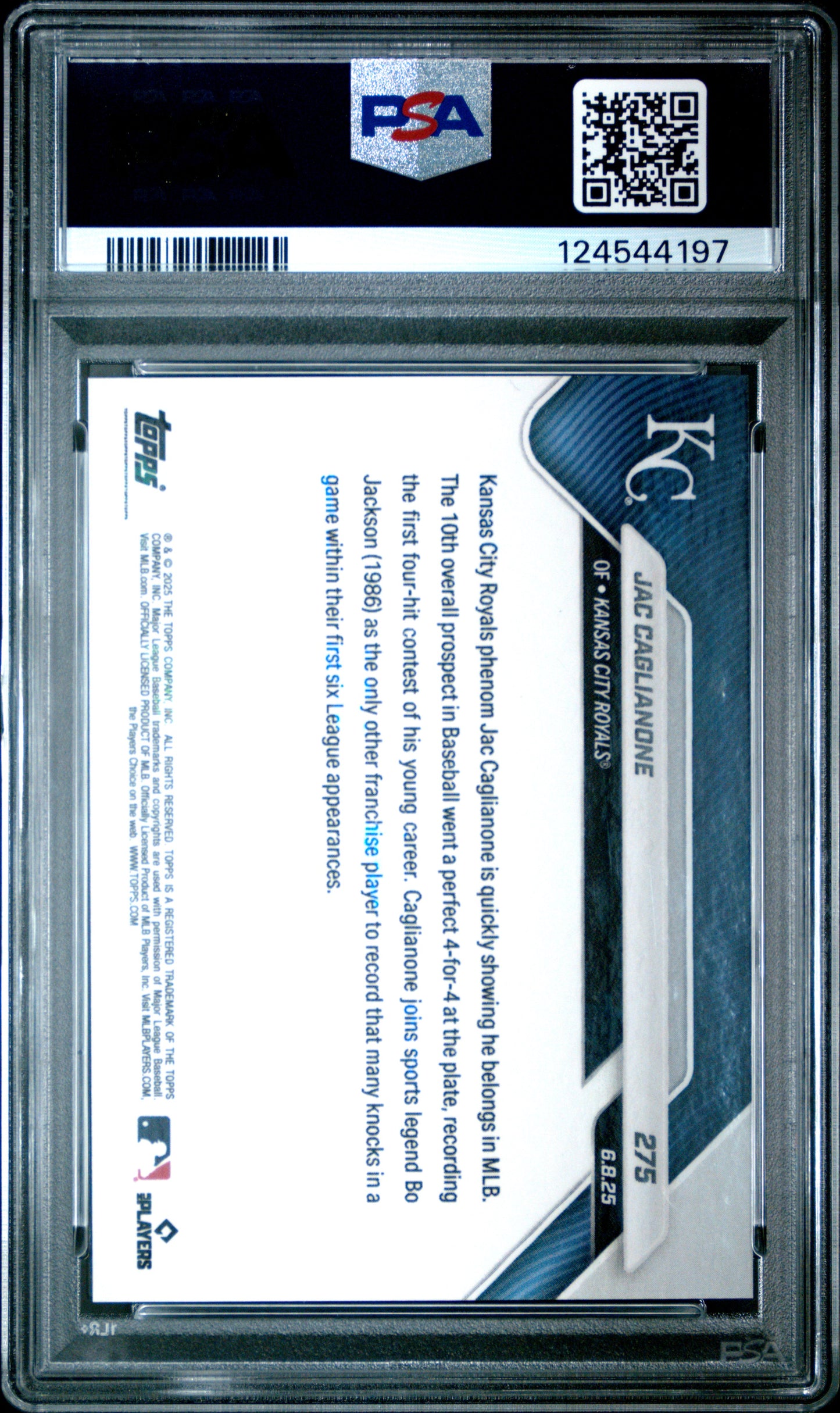 Graded 2025 Topps Now Jac Caglianone #275 Orange Foil /25 Rookie RC Baseball Card PSA 9 Mint