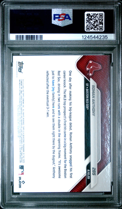 Graded 2025 Topps Now Roman Anthony #285 Rookie RC 1st Hit is 2 Run Double for MLB Number 1 Prospect Baseball Card PSA 10 Gem Mint