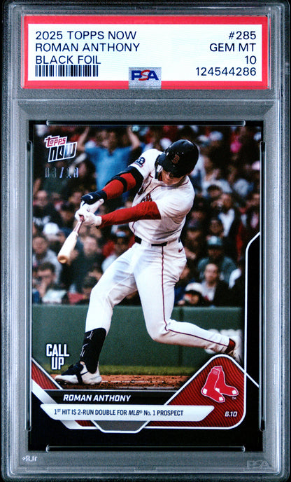 Graded 2025 Topps Now Roman Anthony #285 Black Foil /10 Rookie RC Baseball Card PSA 10 Gem Mint