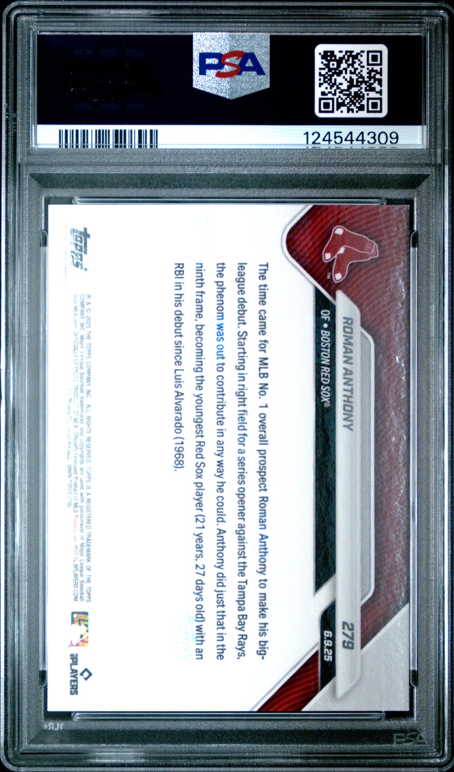 Graded 2025 Topps Now Roman Anthony #279 1st Career RBI in Debut for MLB Top Prospect Rookie RC Baseball Card PSA 10 Gem Mint