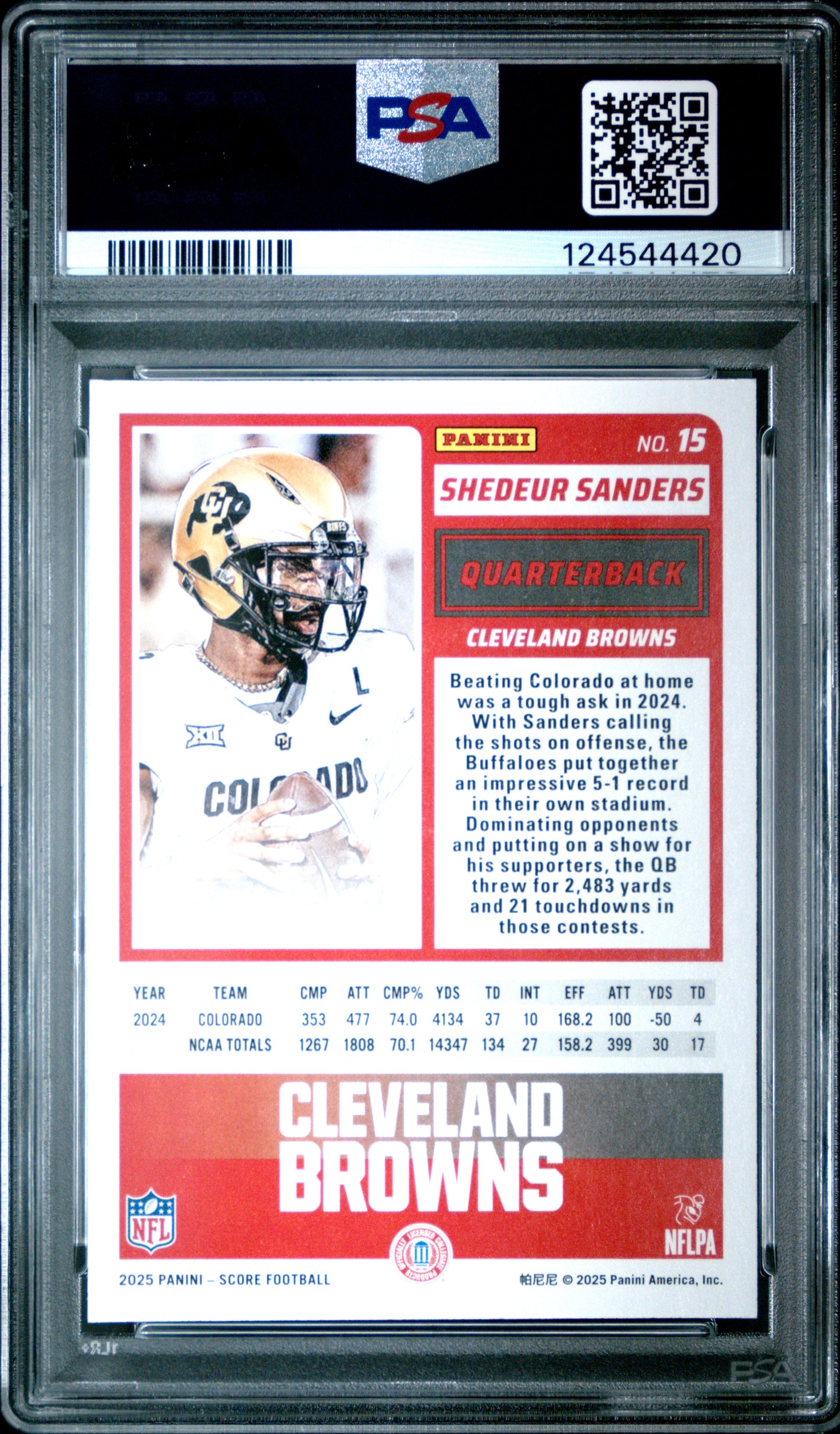 Graded 2025 Panini Score Shedeur Sanders #15 Rookie RC Football Card PSA 9 Mint