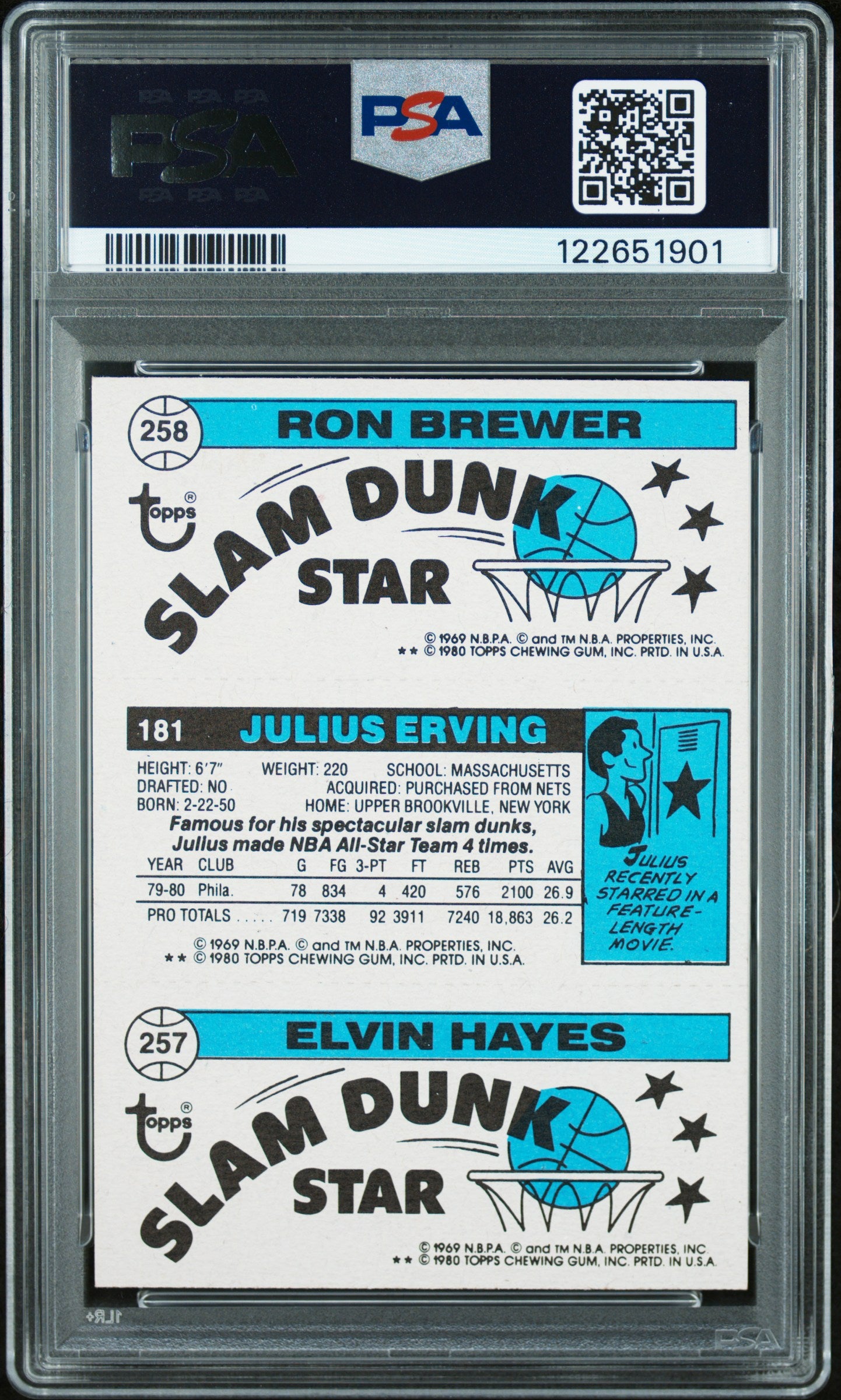 Graded 1980-81 Topps Elvin Hayes / Julius Erving / Ron Brewer SDS #181 / 257 / 258 Basketball Card PSA 6 Excellent