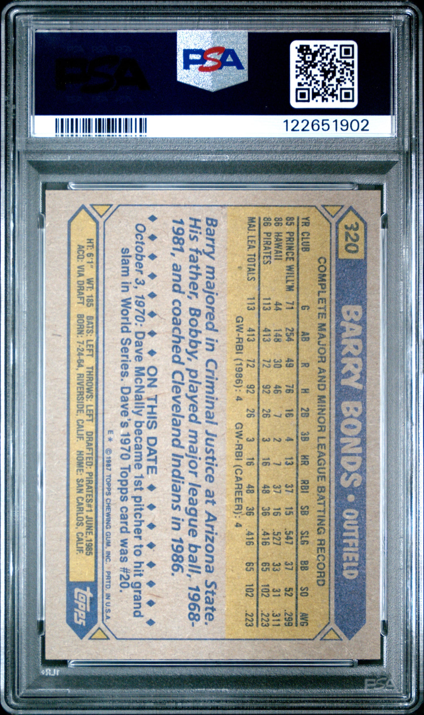 Graded 1987 Topps Barry Bonds #320 Rookie RC Baseball Card PSA 9 Mint