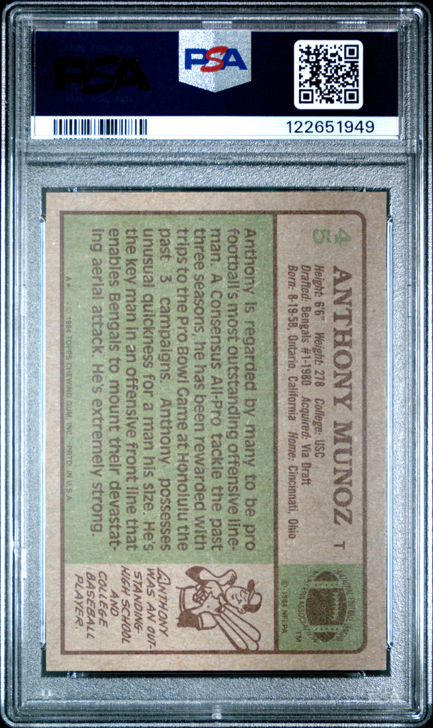 Graded 1984 Topps Anthony Munoz #45 Football Card PSA 8 Near Mint