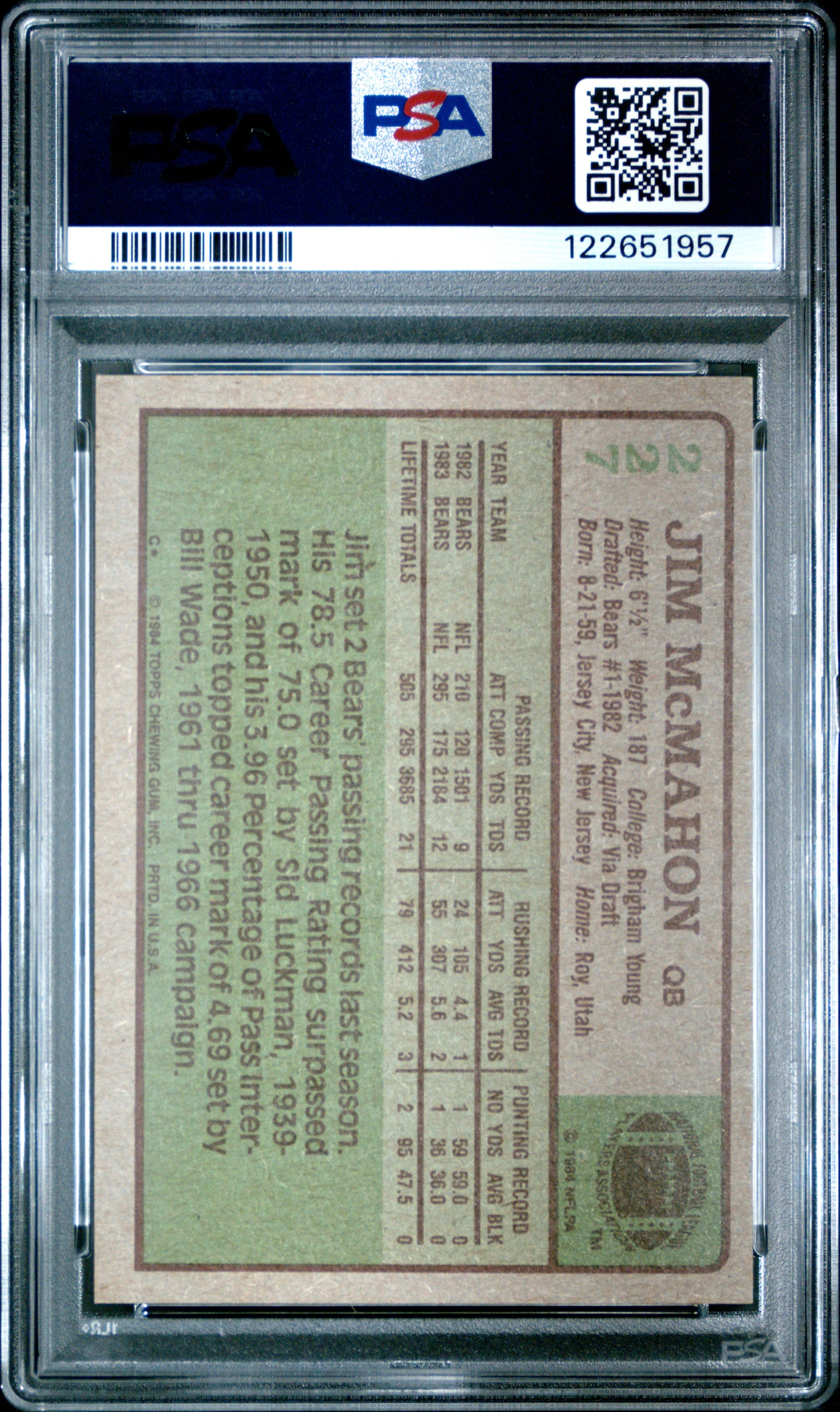 Graded 1984 Topps Jim McMahon #227 Football Card PSA 8 Near Mint