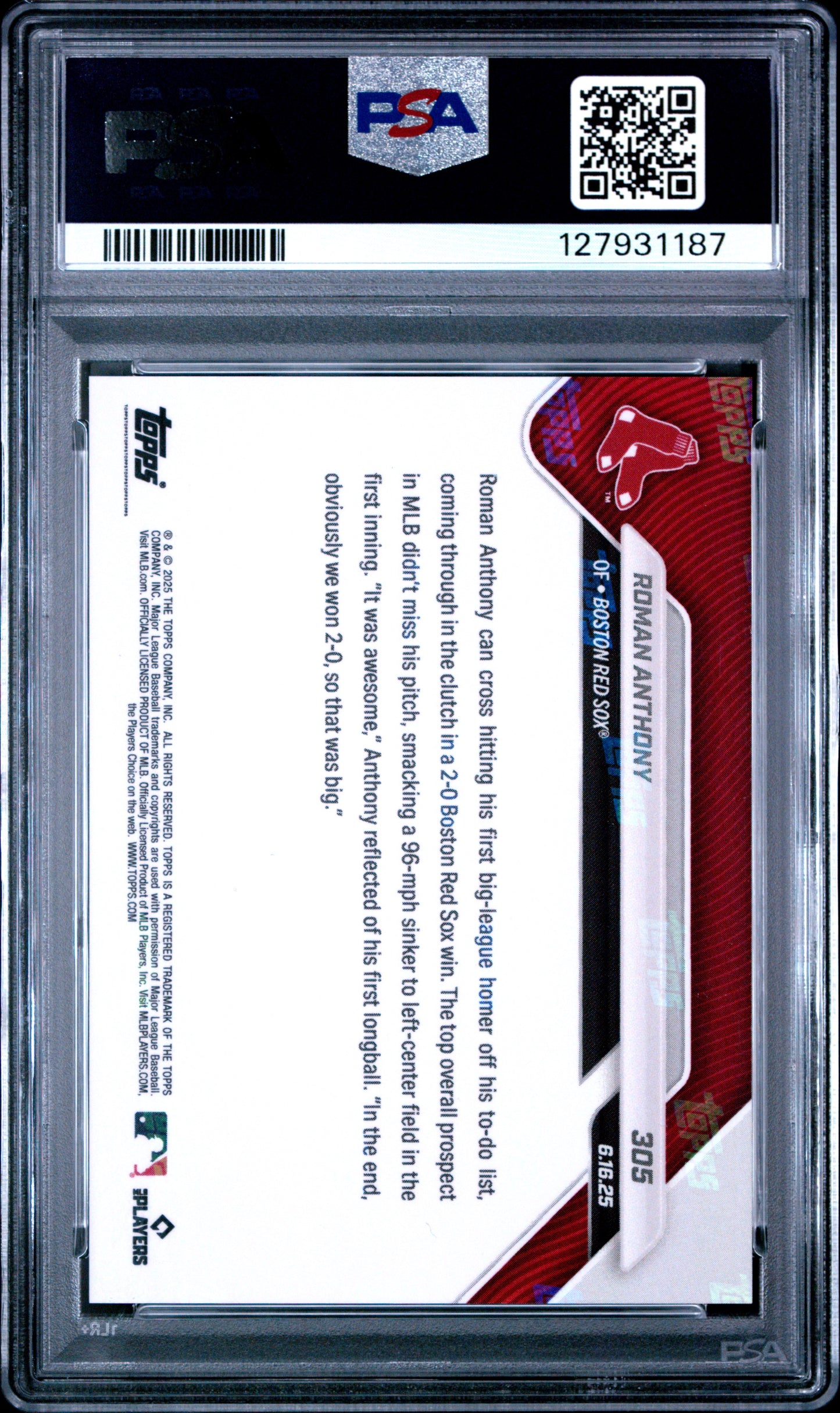 Graded 2025 Topps Now Roman Anthony #305 Rookie RC Baseball Card PSA 9 Mint