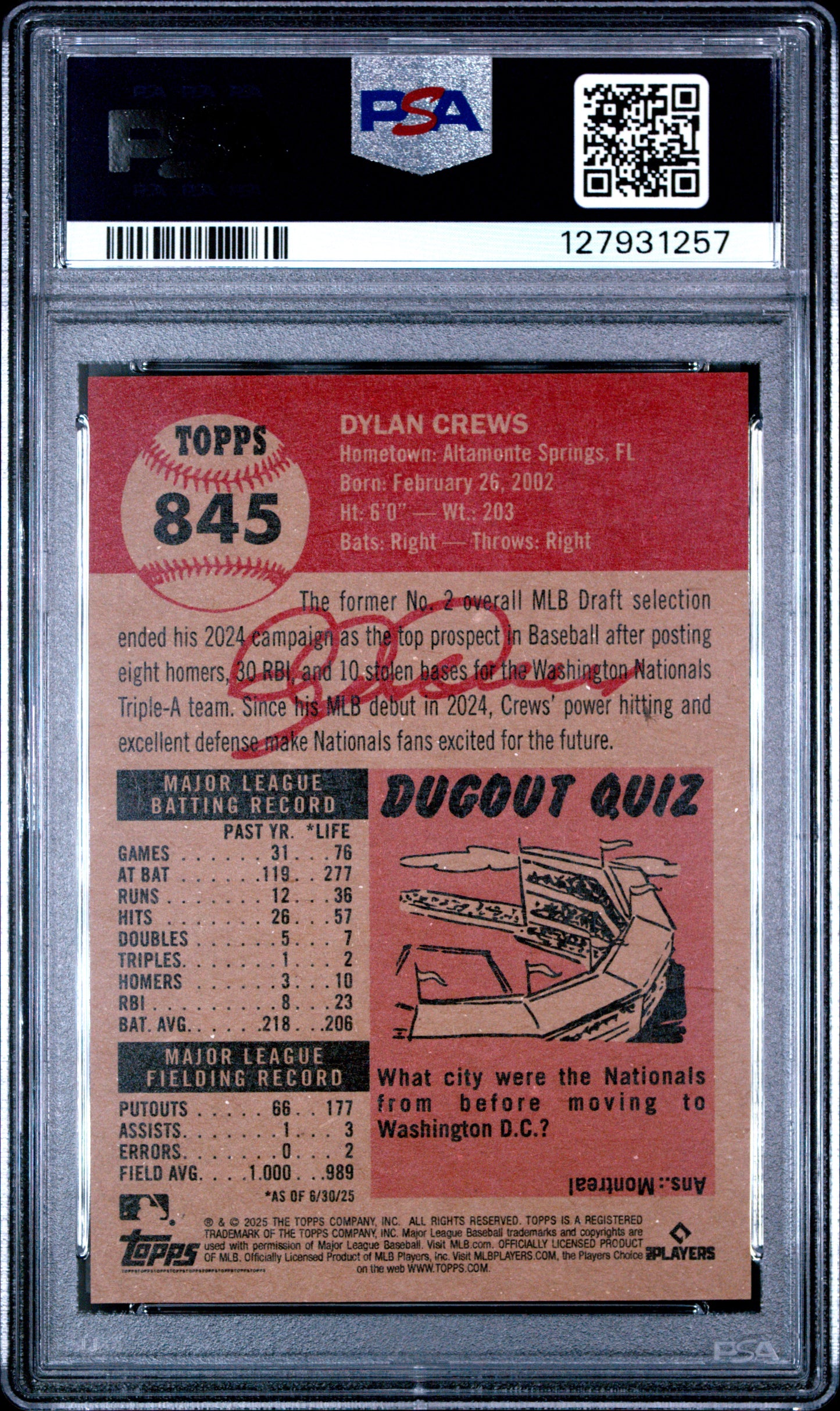 Graded 2025 Topps Living Dylan Crews #845 Rookie RC Baseball Card PSA 10 Gem Mint