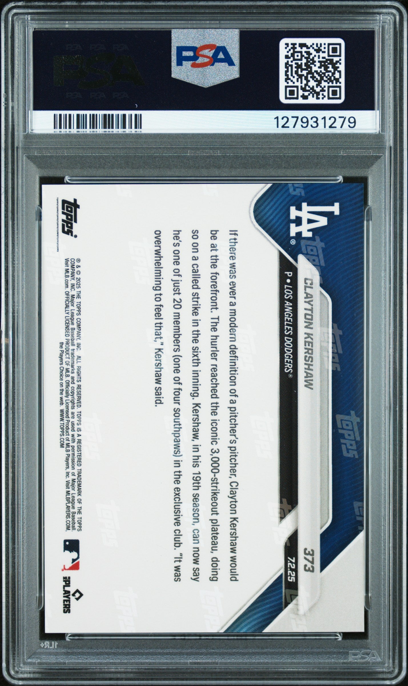 Graded 2025 Topps Now Clayton Kershaw #373 Baseball Card PSA 9 Mint