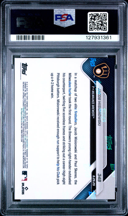 Graded 2025 Topps Now Jacob Misiorowski #349 Outduels Skenes with Career High 8Ks in Win Rookie RC Baseball Card PSA 10 Gem Mint