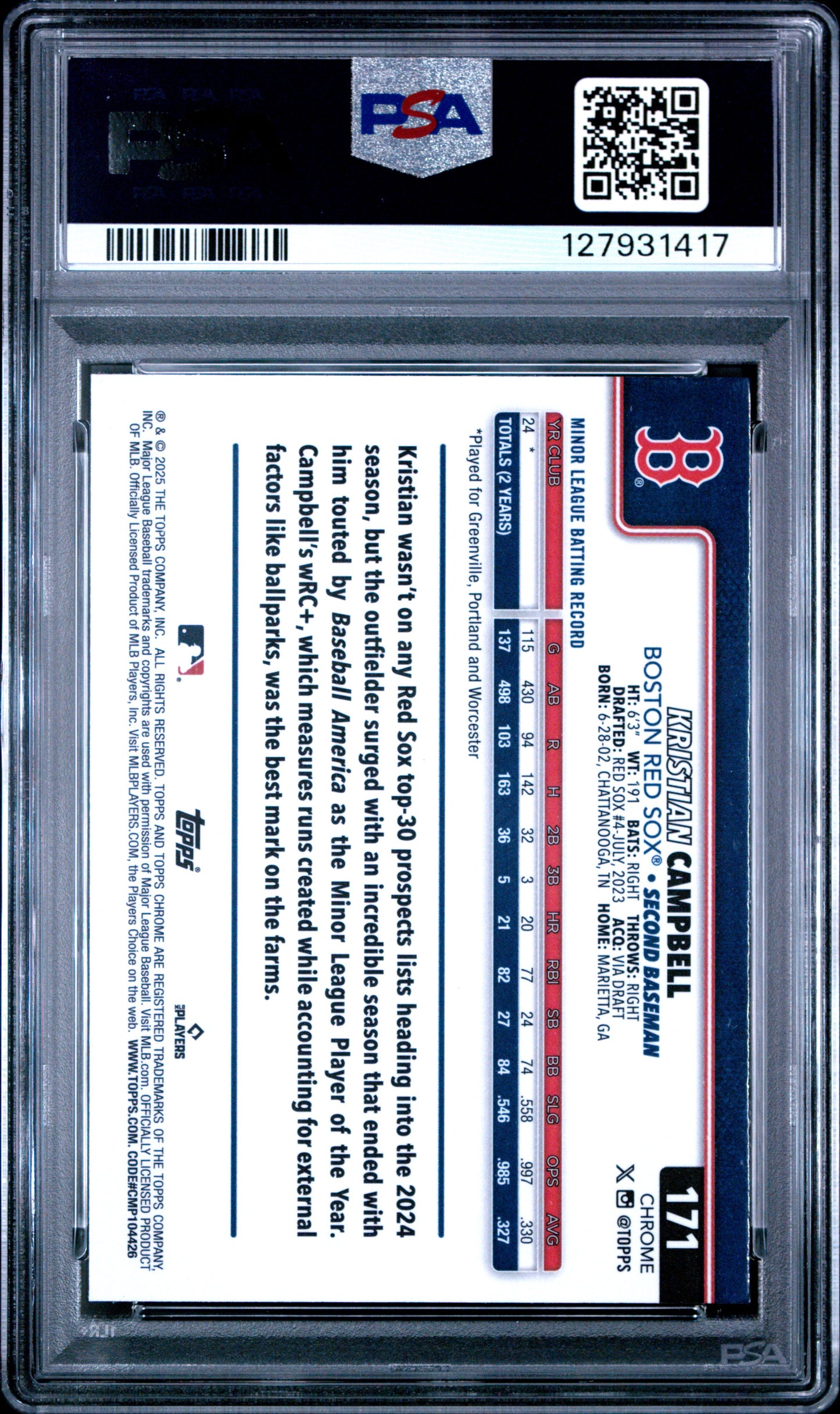 Graded 2025 Topps Chrome Kristian Campbell #171 Sepia Refractor Rookie RC Baseball Card PSA 8 Near Mint