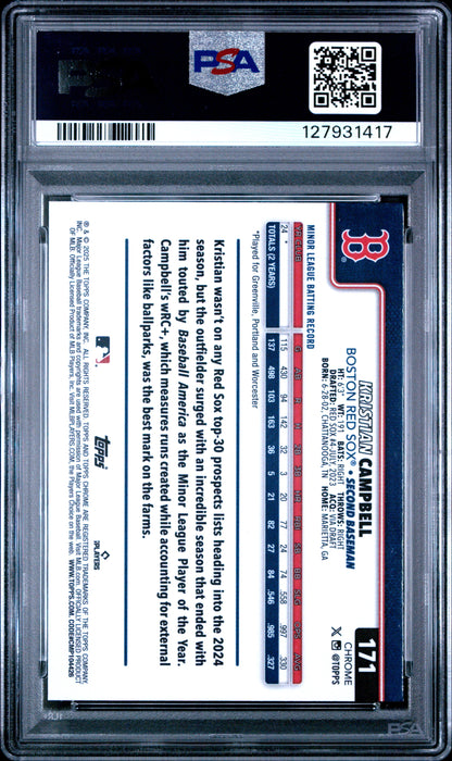 Graded 2025 Topps Chrome Kristian Campbell #171 Sepia Refractor Rookie RC Baseball Card PSA 8 Near Mint