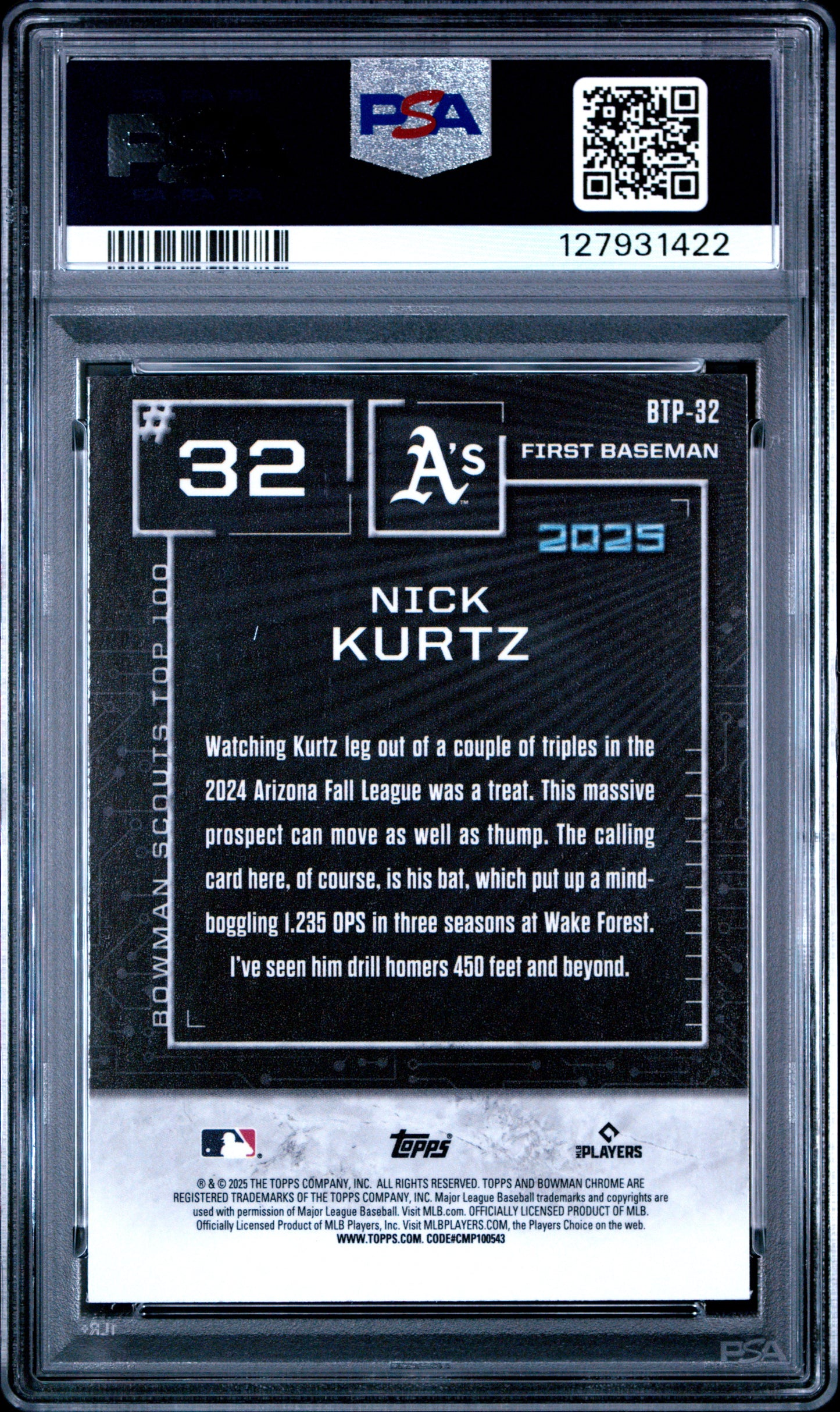 Graded 2025 Topps Bowman Nick Kurtz #BTP32 Bowman Scouts Top 100 Rookie RC Baseball Card PSA 9 Mint