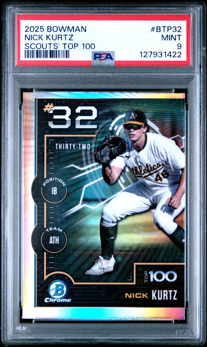 Graded 2025 Topps Bowman Nick Kurtz #BTP32 Bowman Scouts Top 100 Rookie RC Baseball Card PSA 9 Mint