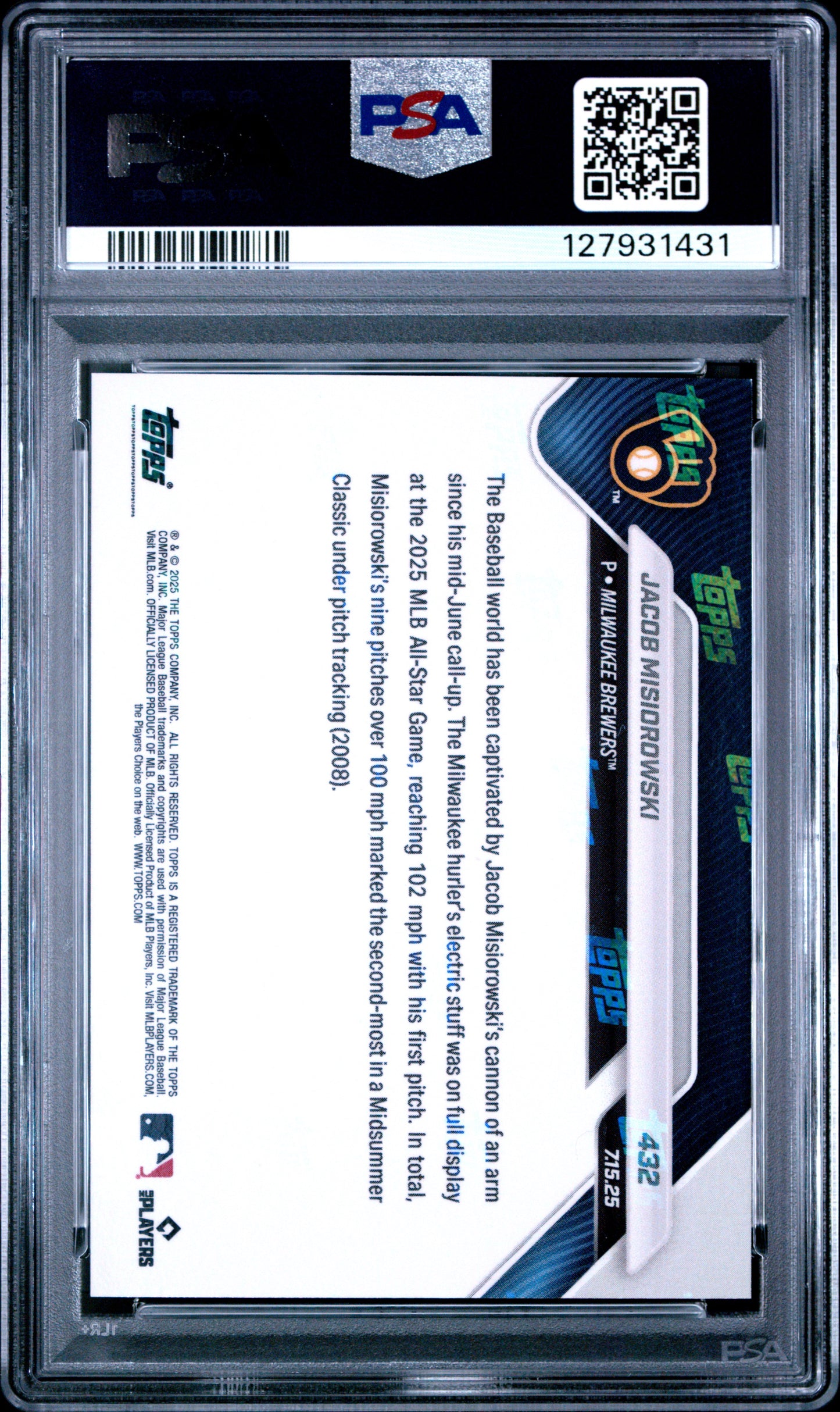 Graded 2025 Topps Now Jacob Misiorowski #432 Hits 100+MPH 9 Times in MLB All Star Game Debut Rookie RC Baseball Card PSA 10 Gem Mint