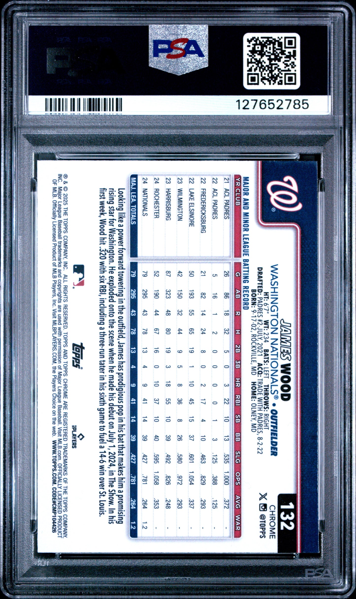 Graded 2025 Topps Chrome James Wood #132 Rookie RC Baseball Card PSA 9 Mint