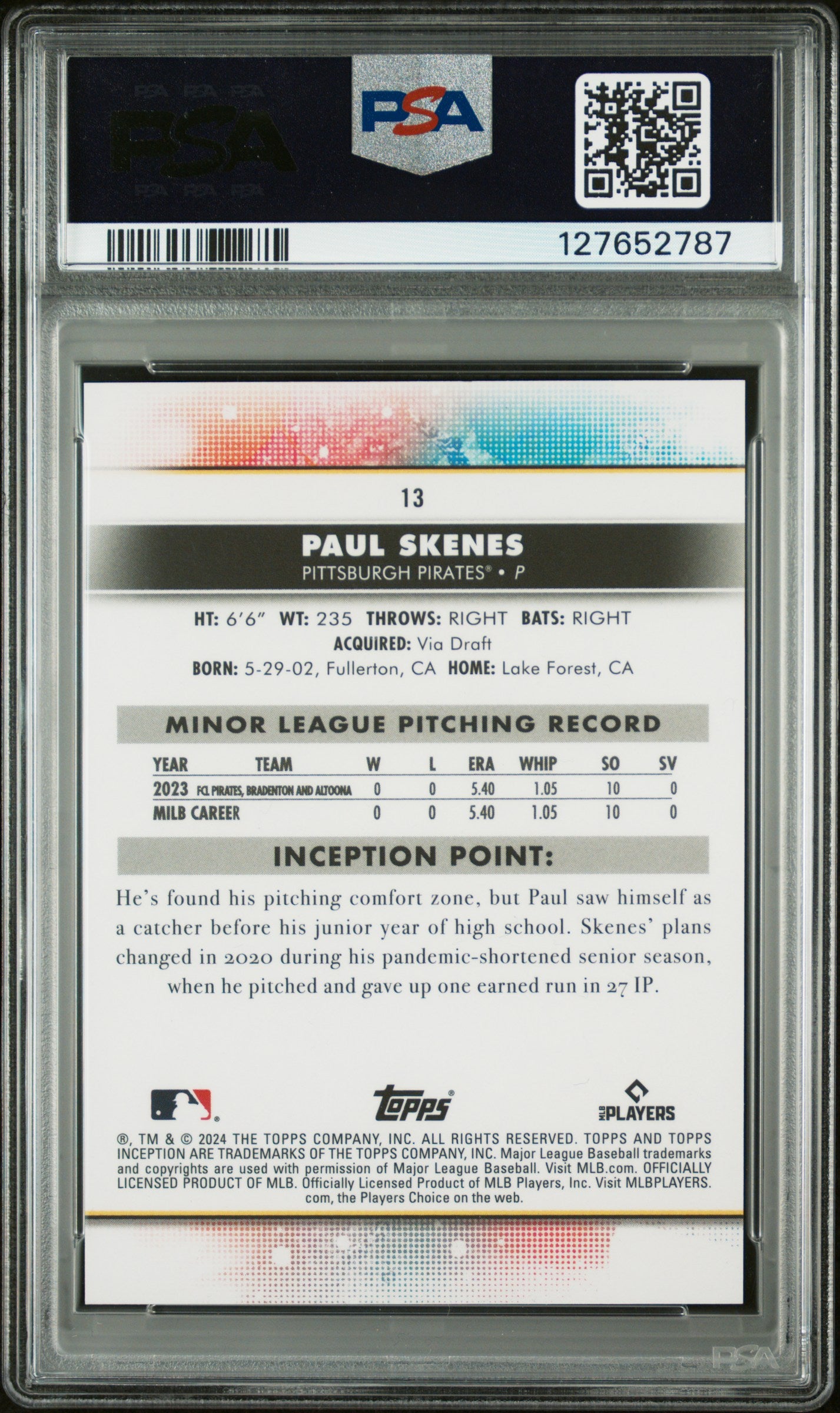 Graded 2024 Topps Inception Paul Skenes #13 Rookie RC Baseball Card PSA 10 Gem Mint
