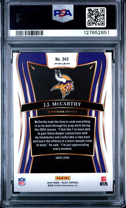 Graded 2024 Panini Select JJ McCarthy #342 Silver Prizm Rookie RC Football Card PSA 9 Mint