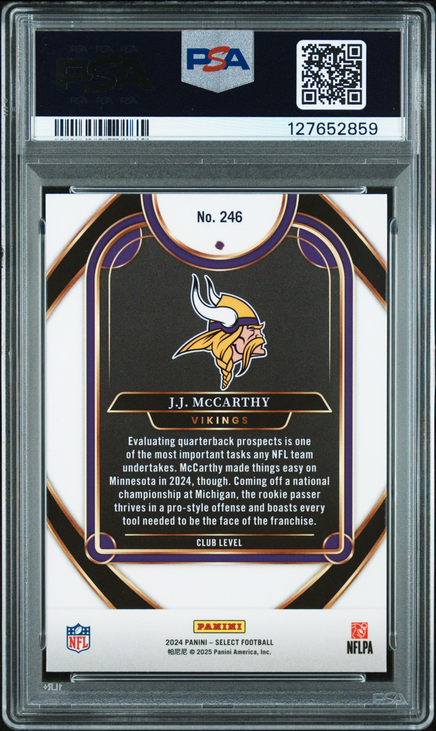 Graded 2024 Panini Select JJ McCarthy #246 Rookie RC Football Card PSA 10 Gem Mint
